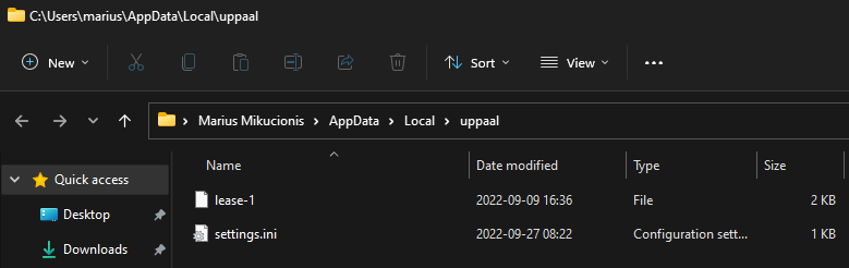 UPPAAL Configuration Folder in Windows